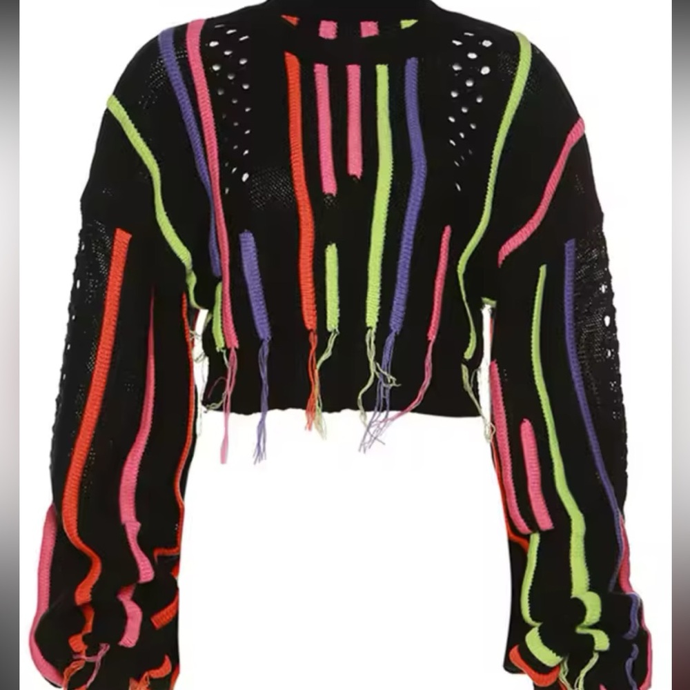 Color Contrast Tassel Hole Knitted Sweater Long Sleeve Round Neck Pullover Tops